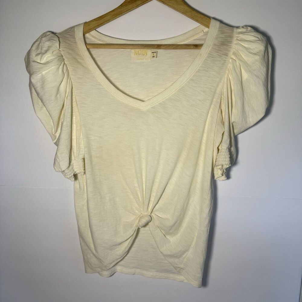 NATION LTD Celine Tee Womens S Off White Pima Cotton Puff Sleeve V Neck Top